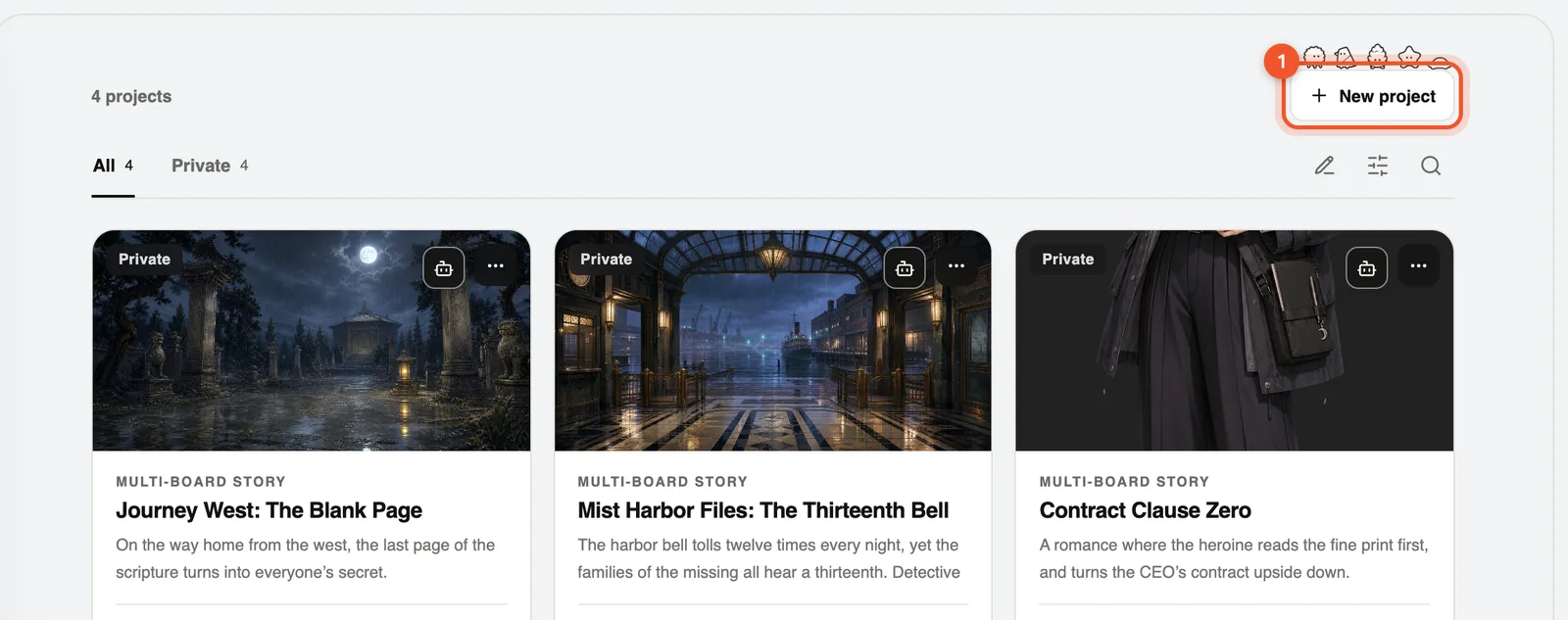 ① “New project” in the top-right corner of Projects