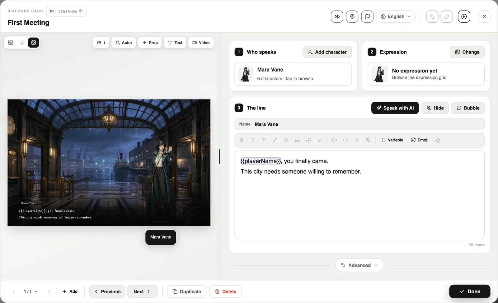 The dialogue card: a live stage on the left, steps 1–2–3 on the right