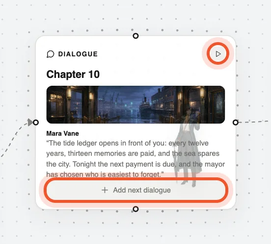 ▶ plays this card only; “Add next dialogue” adds a connected card