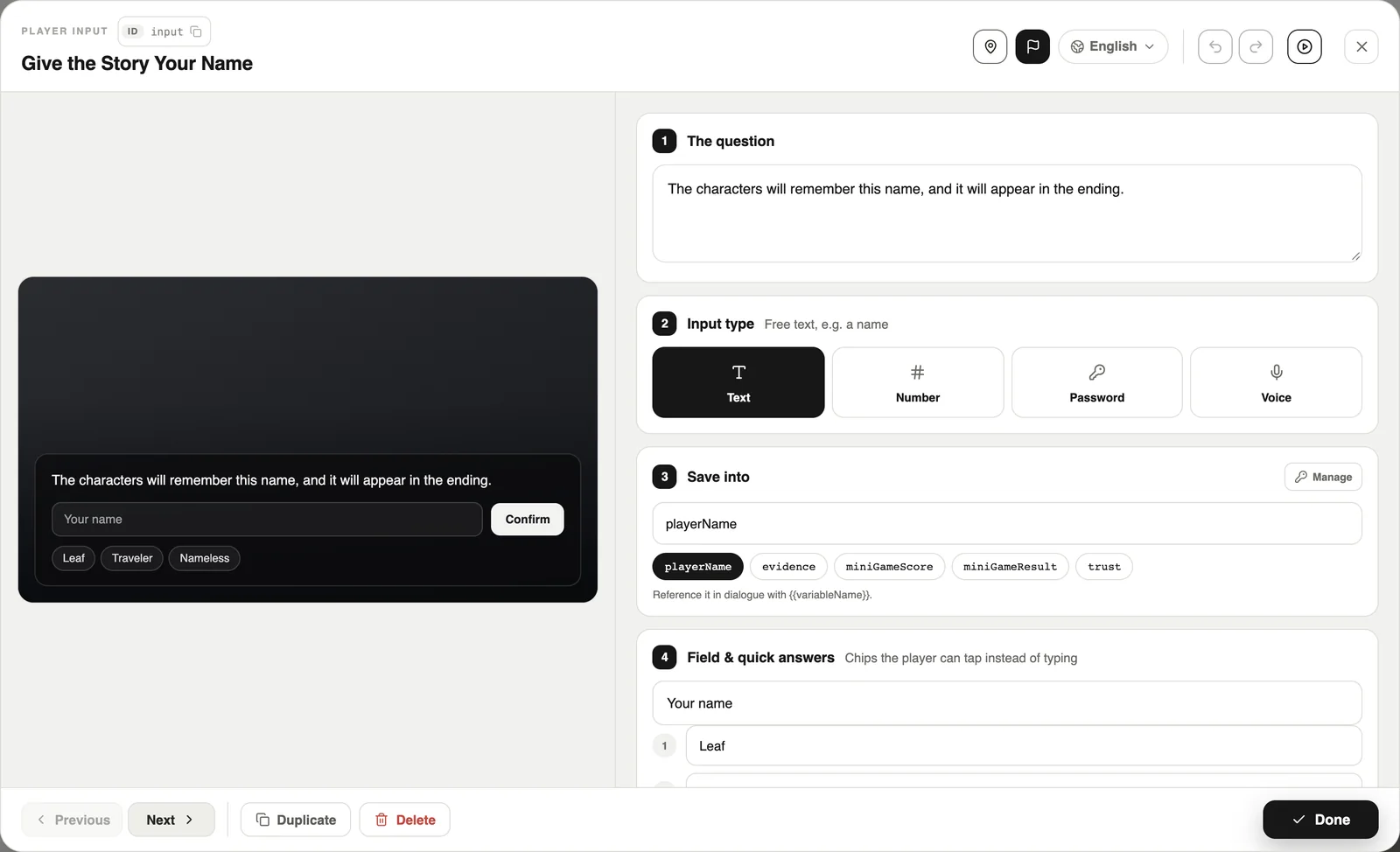 Player input: text, number, password or voice