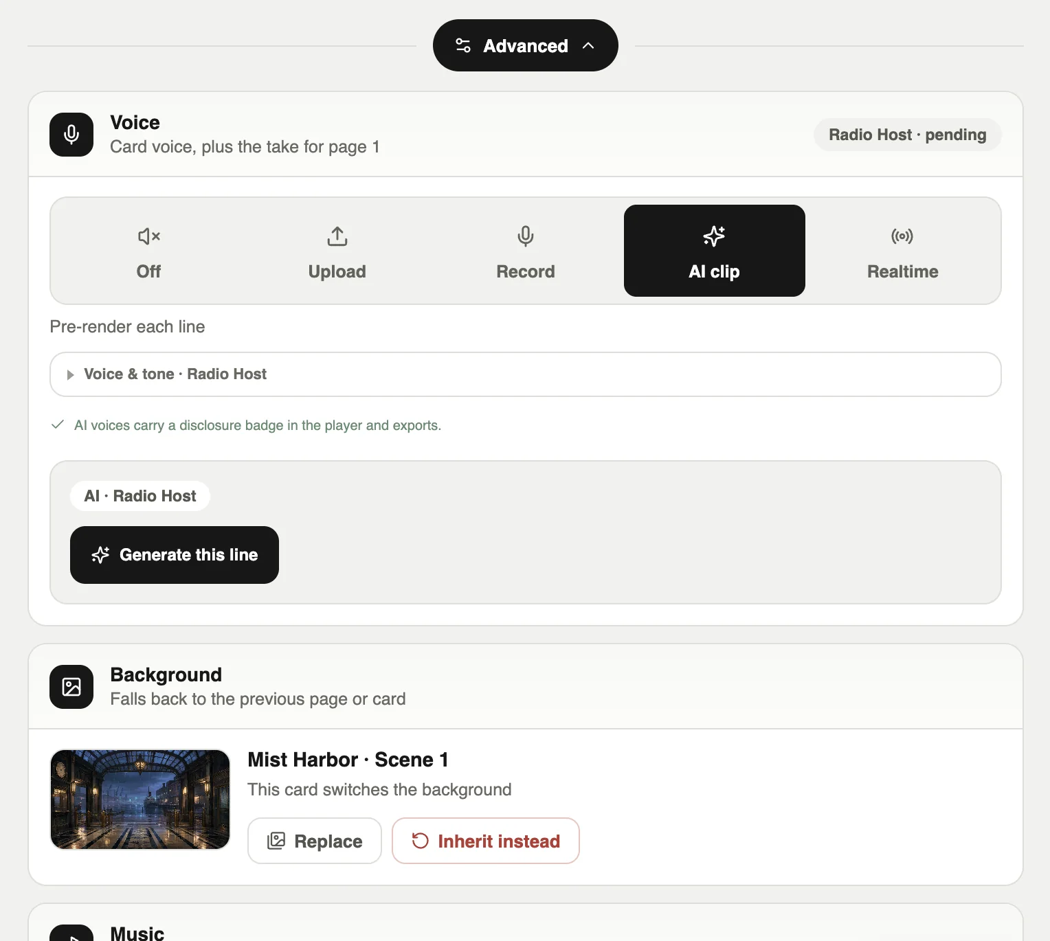 Voice: upload, record, an AI clip or realtime AI
