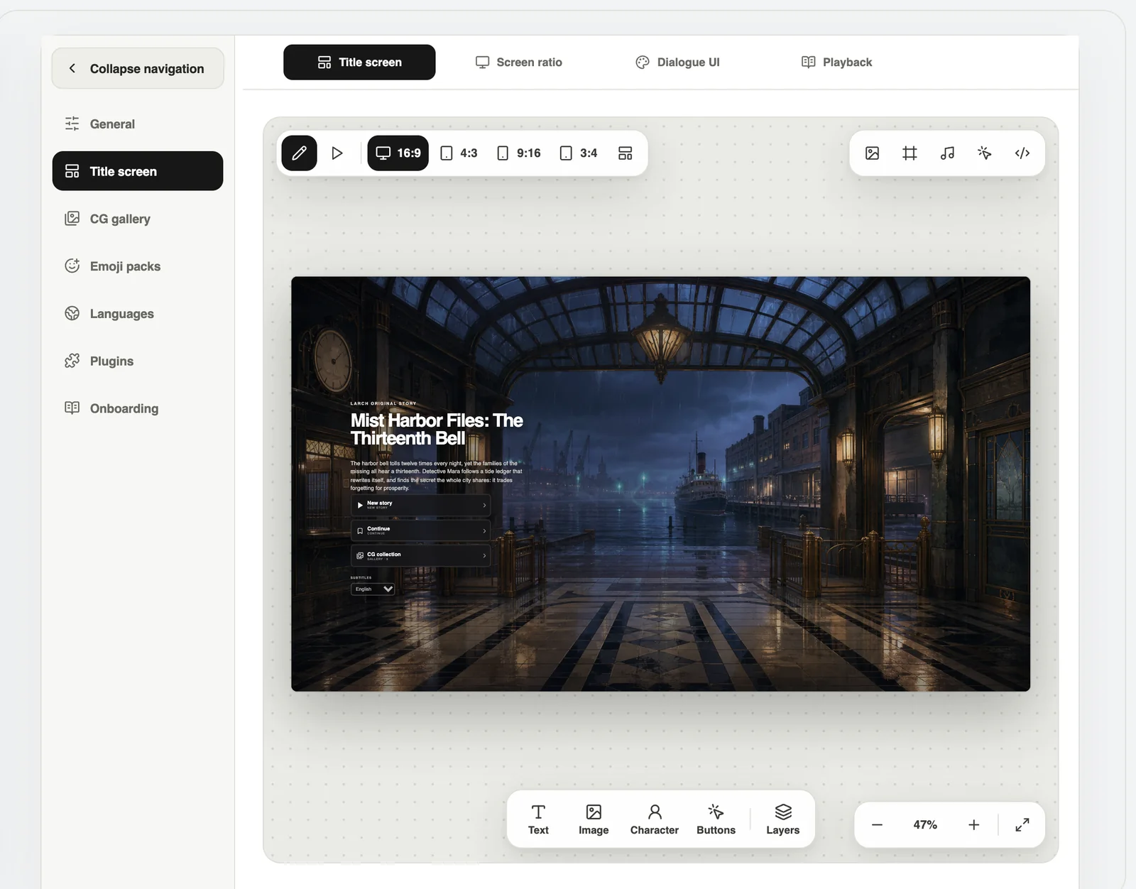 The title screen designer: drag to lay out, preview live