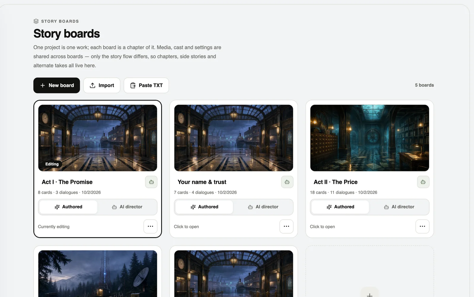 Manage boards: each episode can be authored or in AI mode