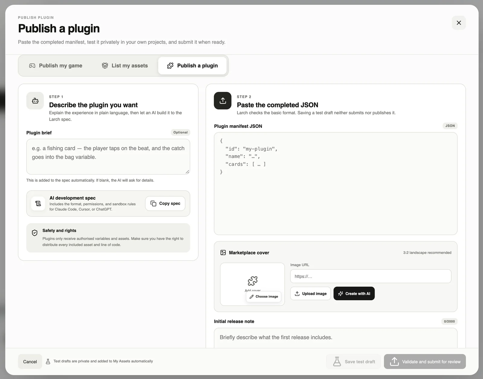Publish a plugin: describe it, paste the JSON your AI made