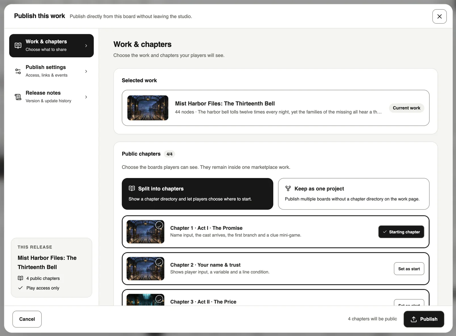 Publish to marketplace: work and chapters, settings, release notes