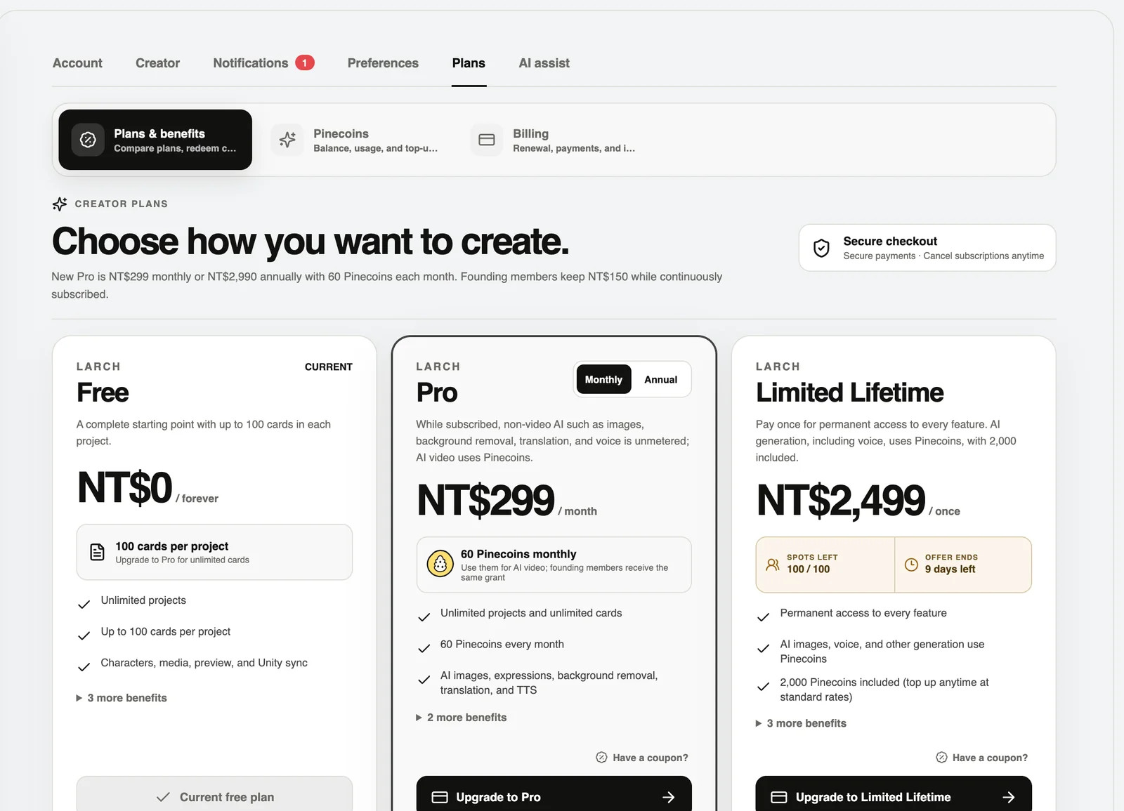 Plans: Free, Pro and Limited Lifetime