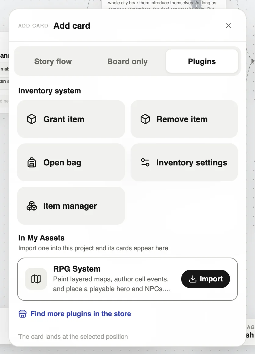 The inventory system’s three cards, plus Inventory settings and the Item manager