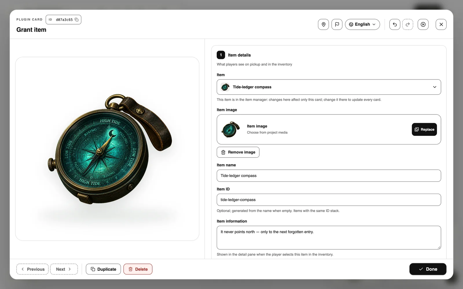 The Grant item card, with the Tide-ledger compass picked from the Item menu