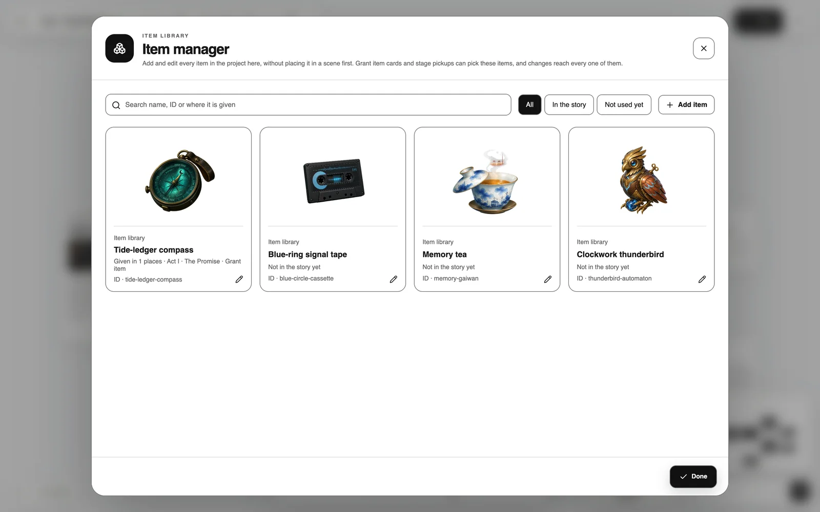 The item manager: every item in the project