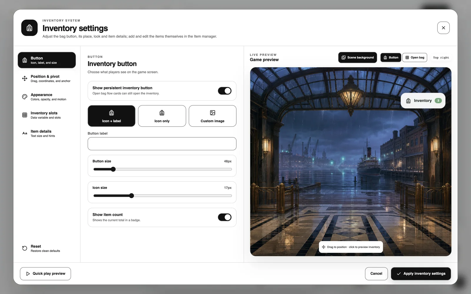 Inventory settings: adjust on the left, preview on the right
