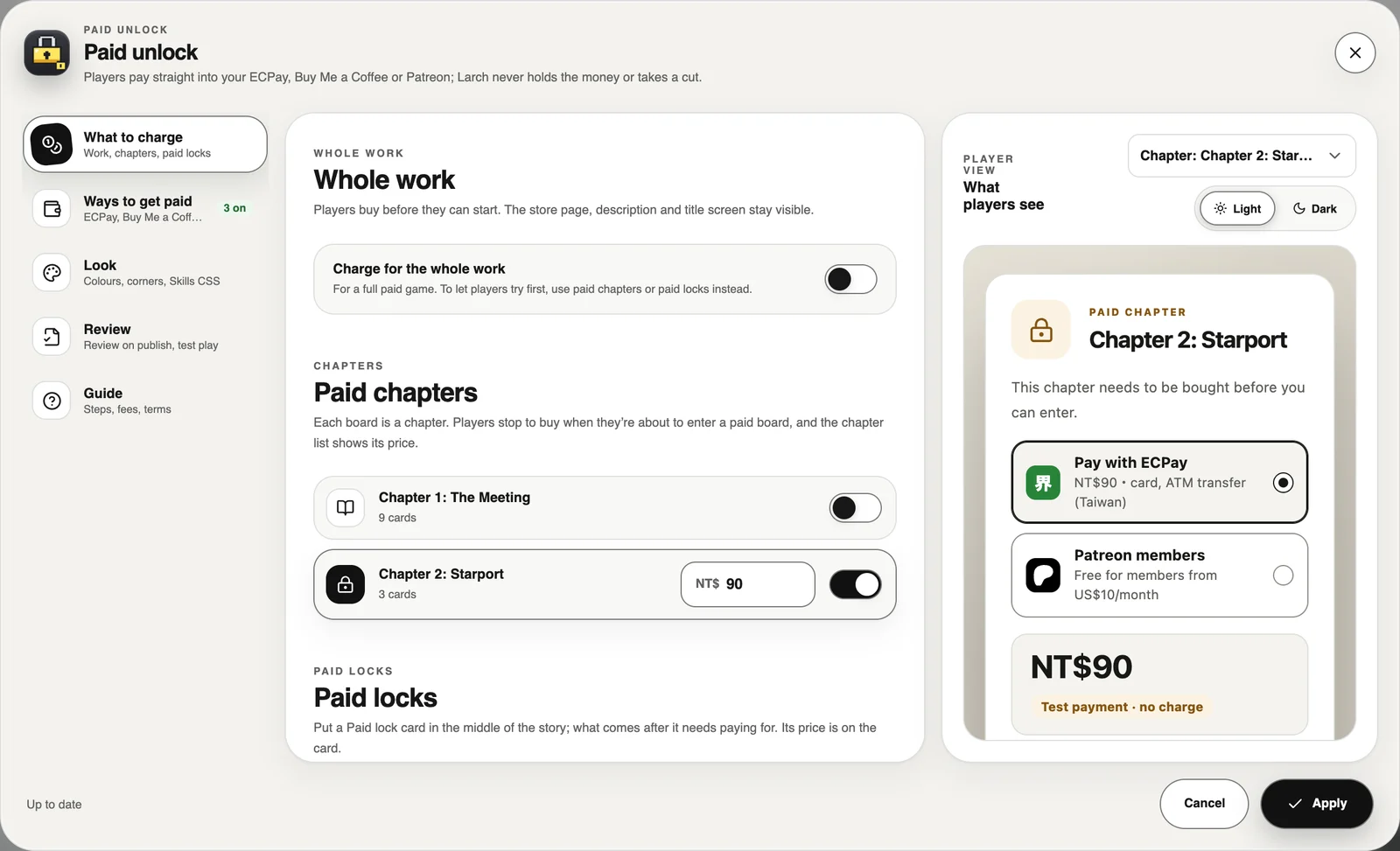 Paid unlock settings → What to charge: the whole work, paid chapters, paid locks.