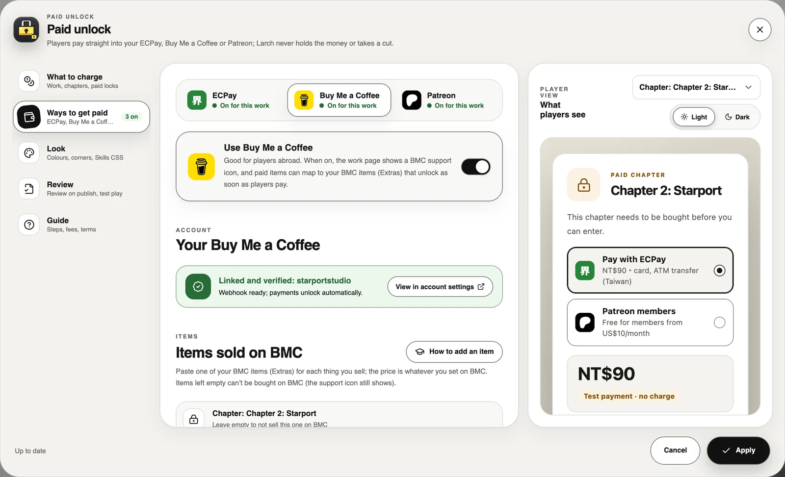 Paid unlock settings → Ways to get paid: one tab per platform. “How to add an item” explains BMC.