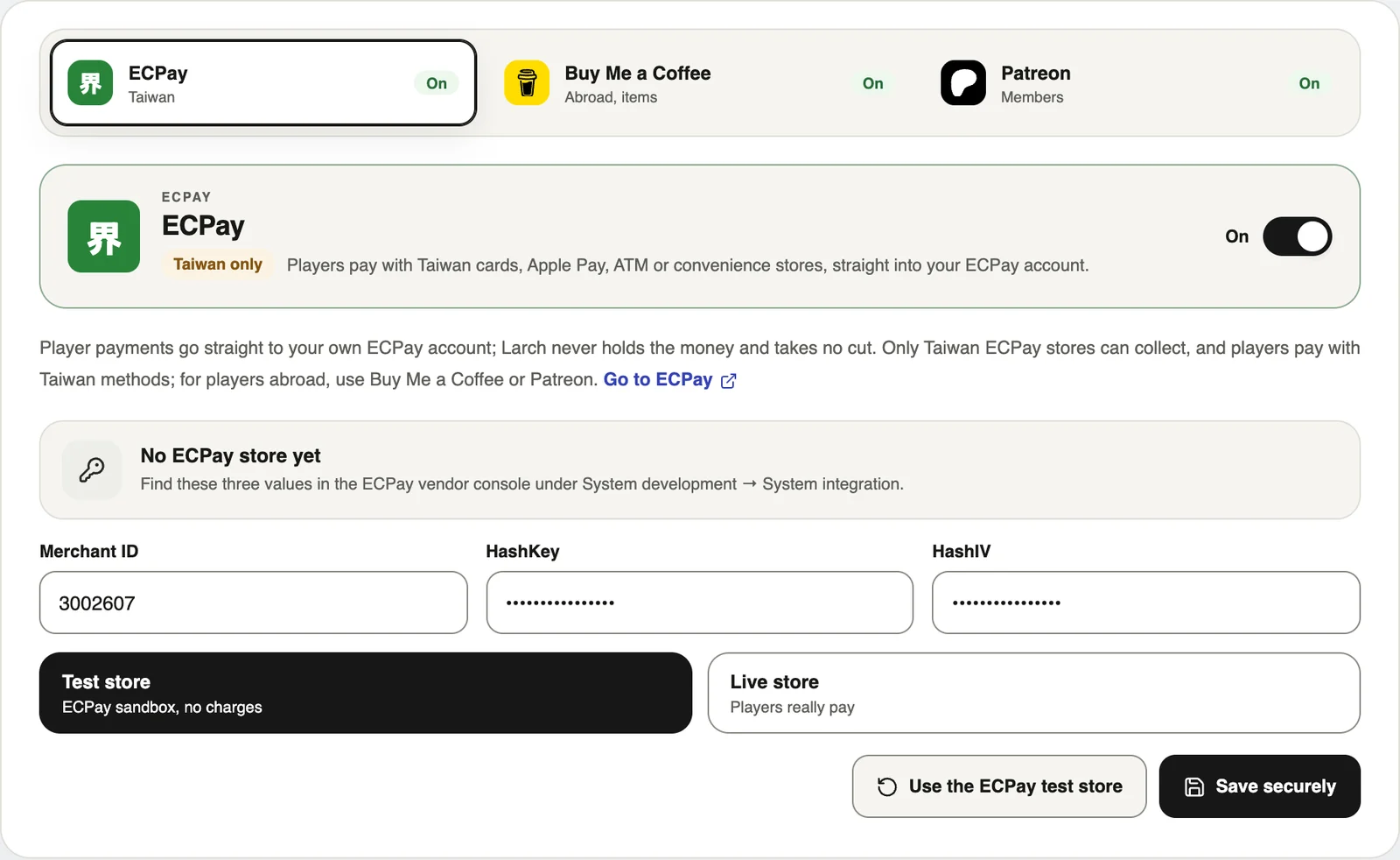 Account settings → Payments → ECPay. “Use the ECPay test store” lets you try it first.