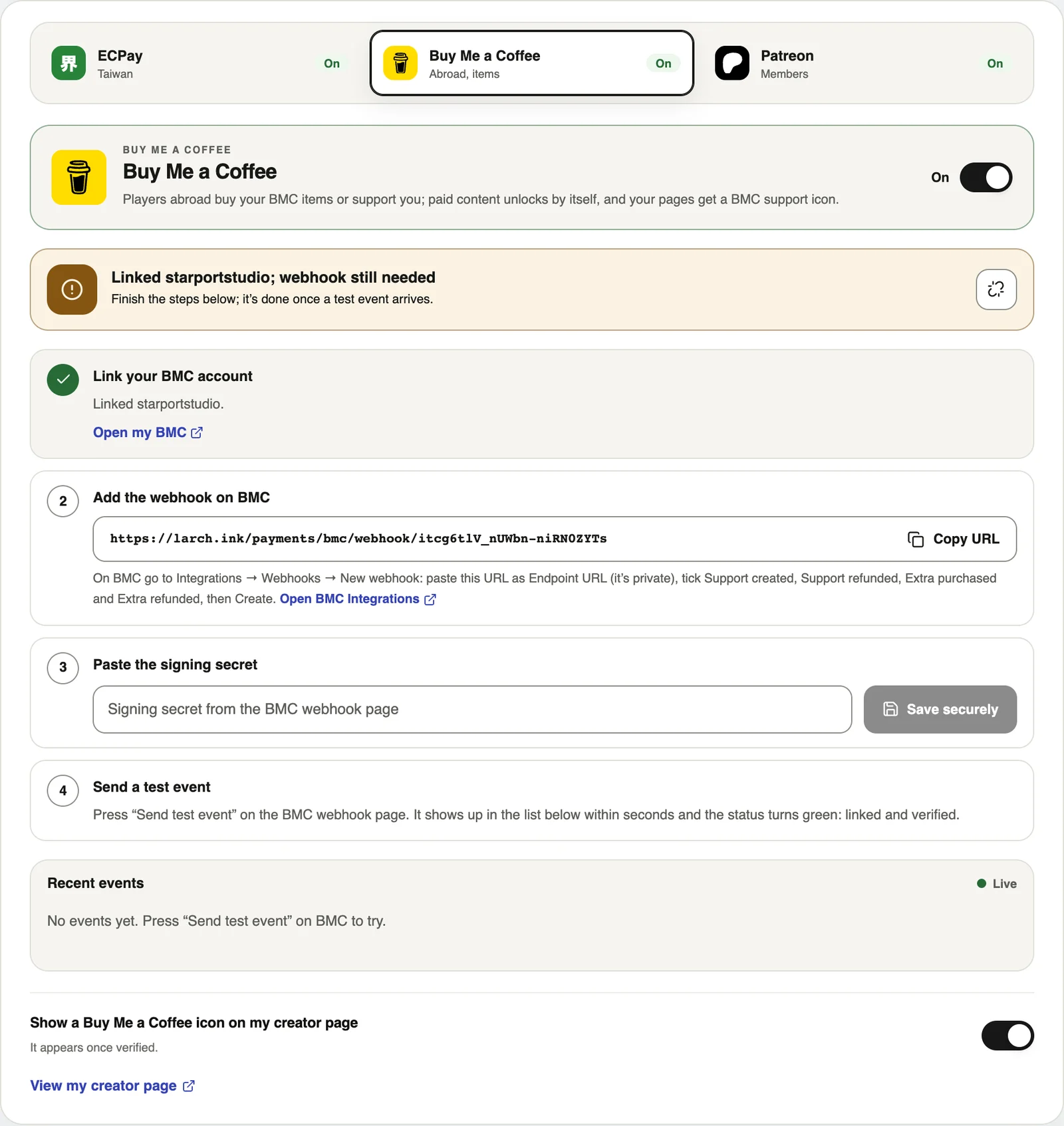 The four Buy Me a Coffee steps. Only you can see the webhook URL; don’t share it.