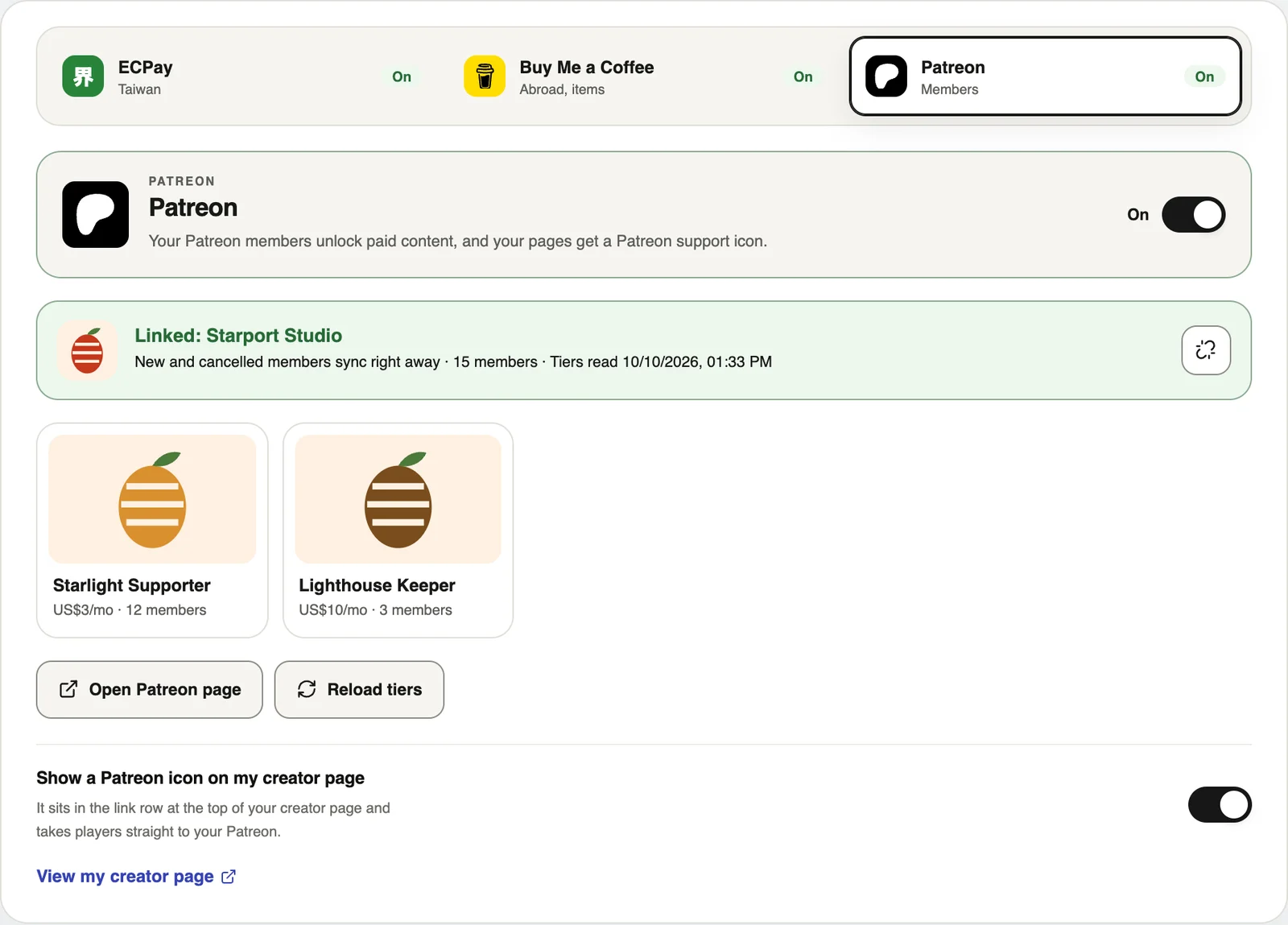 After linking Patreon you can see your membership tiers.