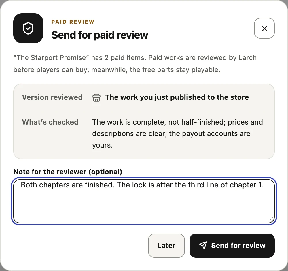 “Send for paid review” appears after publishing; you can leave a note for the reviewer.