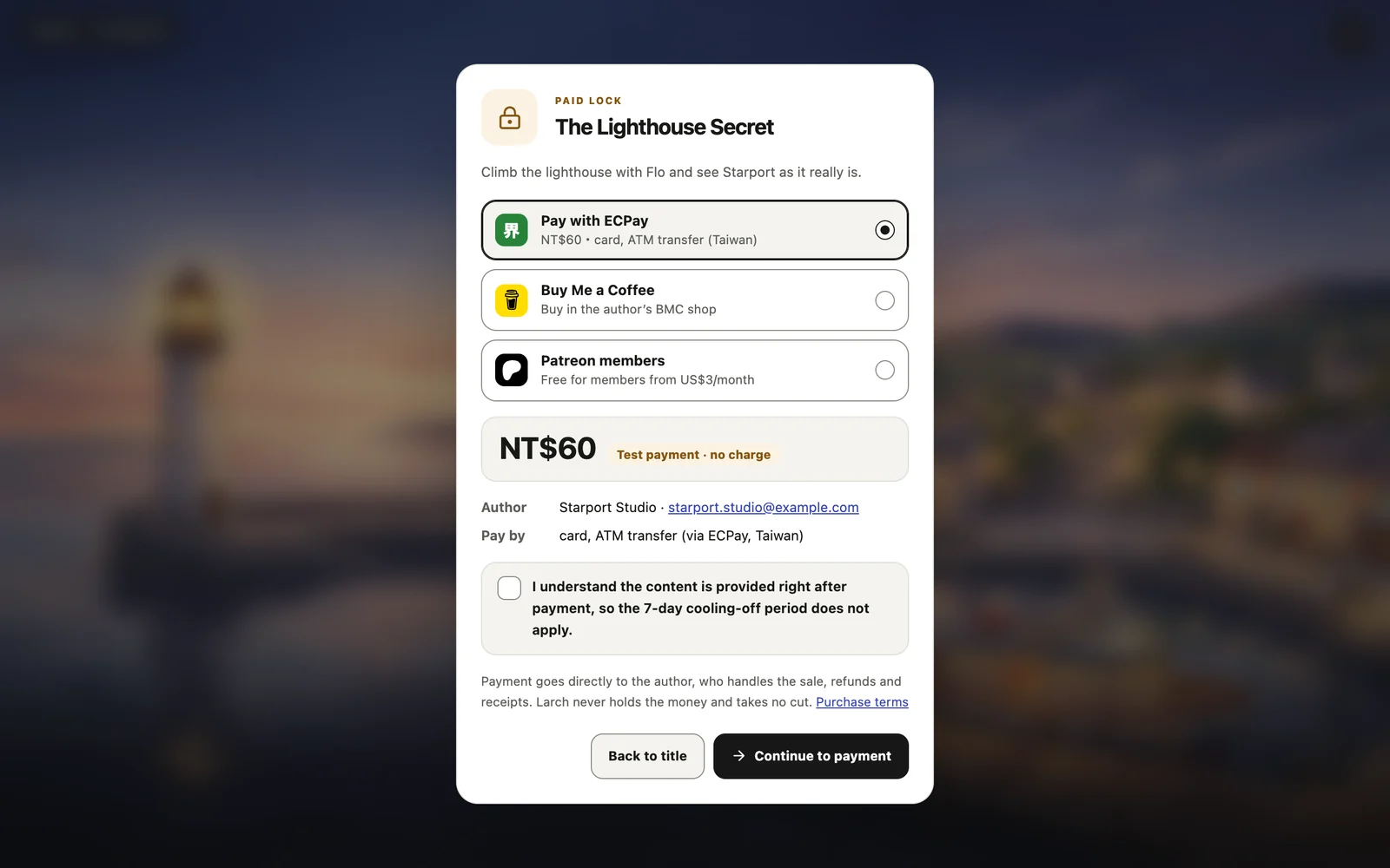 A player reaches the paid lock: pick a way to pay, tick the consent box, continue.